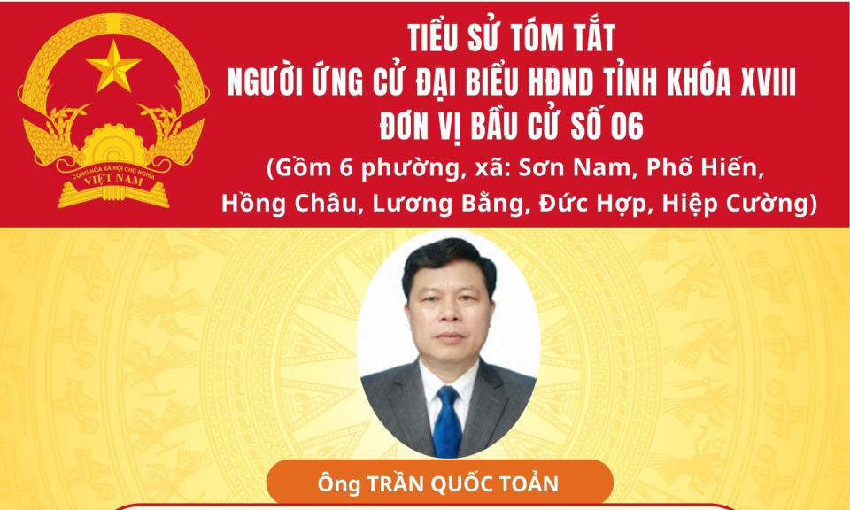 TIỂU SỬ VÀ CHƯƠNG TRÌNH HÀNH ĐỘNG CỦA ỨNG CỬ VIÊN ĐẠI BIỂU HĐND TỈNH KHÓA XVIII TẠI ĐƠN VỊ BẦU CỬ SỐ 6: ÔNG TRẦN QUỐC TOẢN