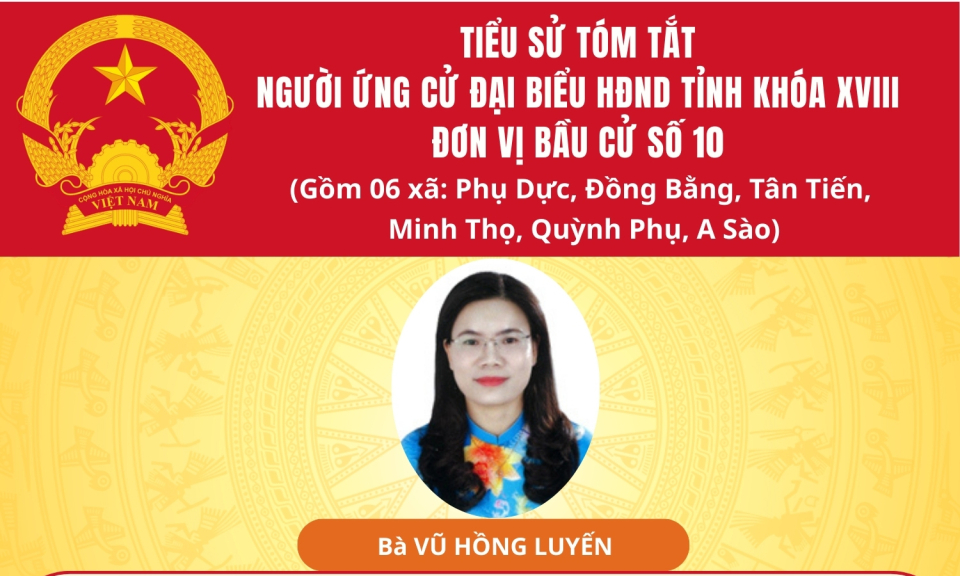 TIỂU SỬ VÀ CHƯƠNG TRÌNH HÀNH ĐỘNG CỦA ỨNG CỬ VIÊN ĐẠI BIỂU HĐND TỈNH KHÓA XVIII TẠI ĐƠN VỊ BẦU CỬ SỐ 10: BÀ VŨ HỒNG LUYẾN