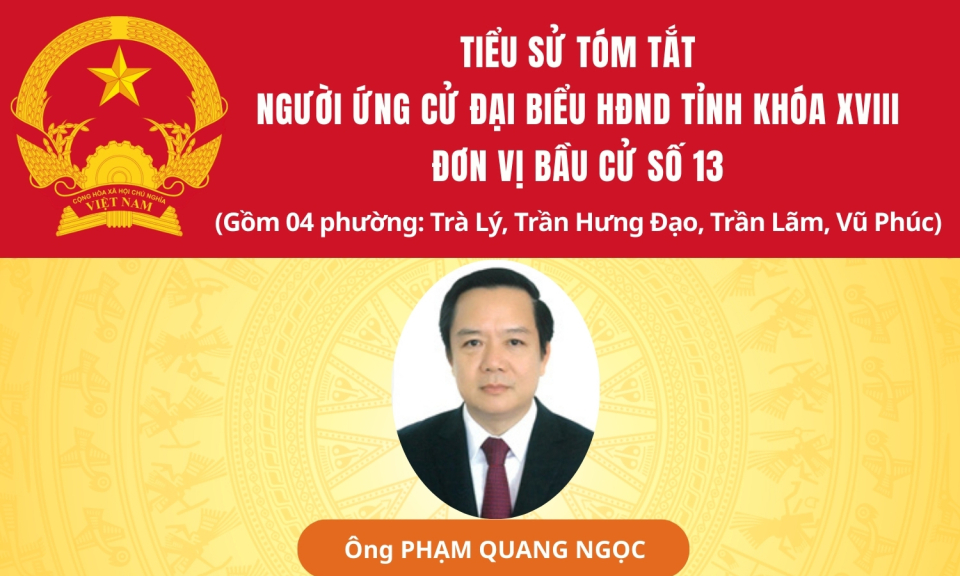 TIỂU SỬ VÀ CHƯƠNG TRÌNH HÀNH ĐỘNG CỦA ỨNG CỬ VIÊN ĐẠI BIỂU HĐND TỈNH KHÓA XVIII TẠI ĐƠN VỊ BẦU CỬ SỐ 13: ÔNG PHẠM QUANG NGỌC