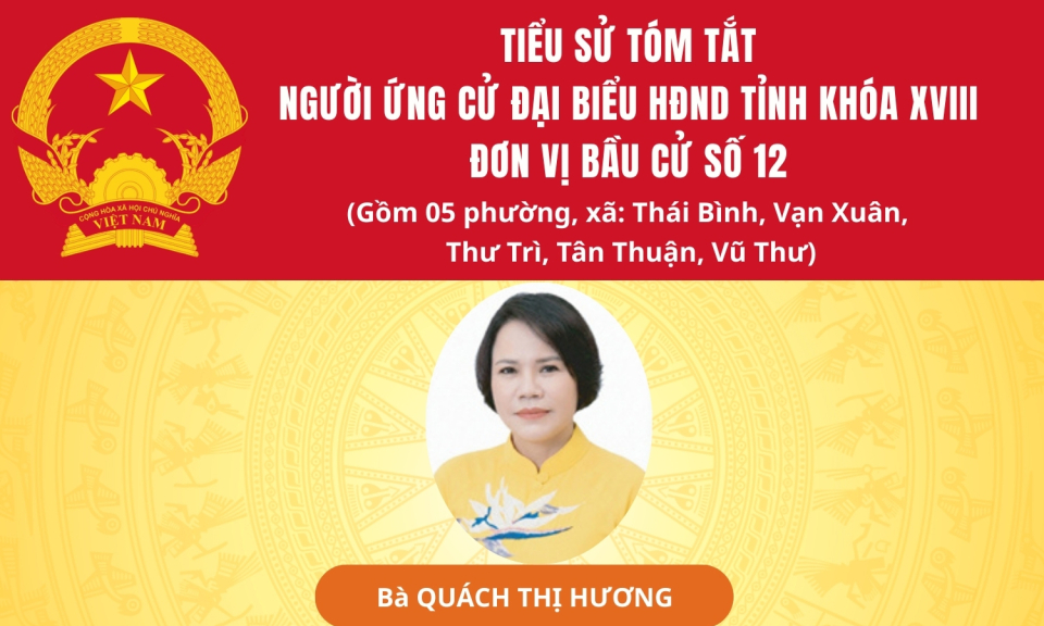 TIỂU SỬ VÀ CHƯƠNG TRÌNH HÀNH ĐỘNG CỦA ỨNG CỬ VIÊN ĐẠI BIỂU HĐND TỈNH KHÓA XVIII TẠI ĐƠN VỊ BẦU CỬ SỐ 12: BÀ QUÁCH THỊ HƯƠNG