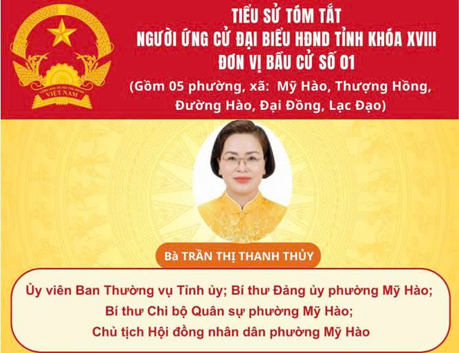 TIỂU SỬ VÀ CHƯƠNG TRÌNH HÀNH ĐỘNG CỦA ỨNG CỬ VIÊN ĐẠI BIỂU HĐND TỈNH KHÓA XVIII TẠI ĐƠN VỊ BẦU CỬ SỐ 1: BÀ TRẦN THỊ THANH THỦY